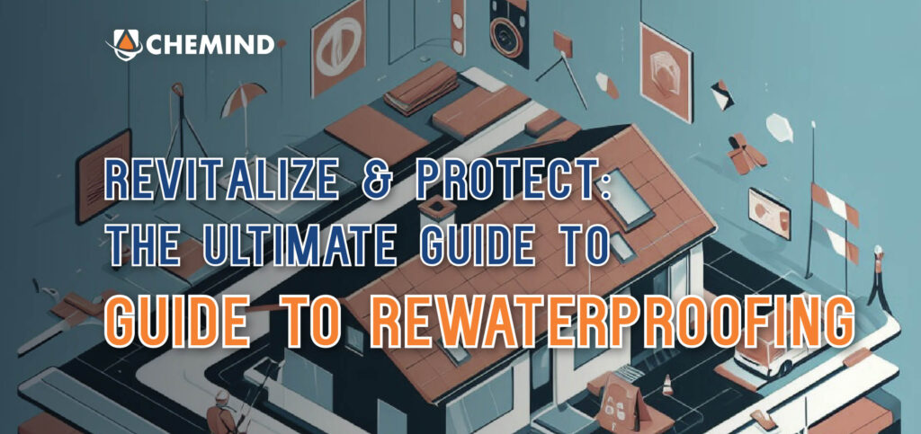 Illustration of a house with various waterproofing tools and materials, promoting Chemind Industries' comprehensive rewaterproofing guide.