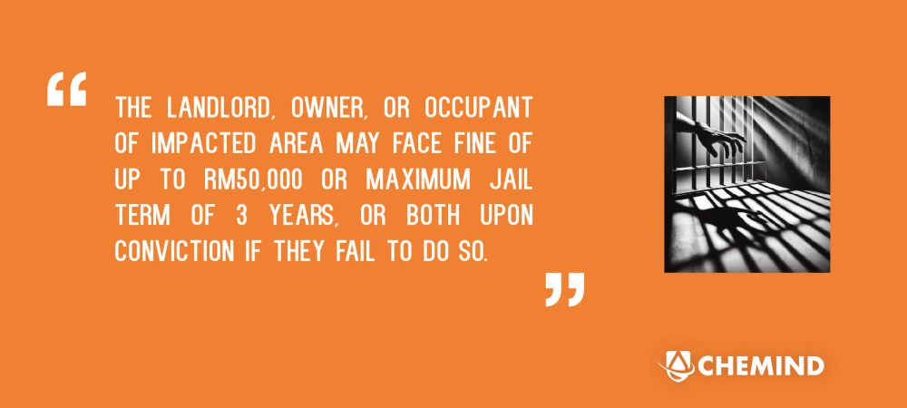 The landlord, owner, or occupant of impacted area may face fine of up to RM50,000 or maximum jail term of 3 years, or both upon conviction if they fail to do so.